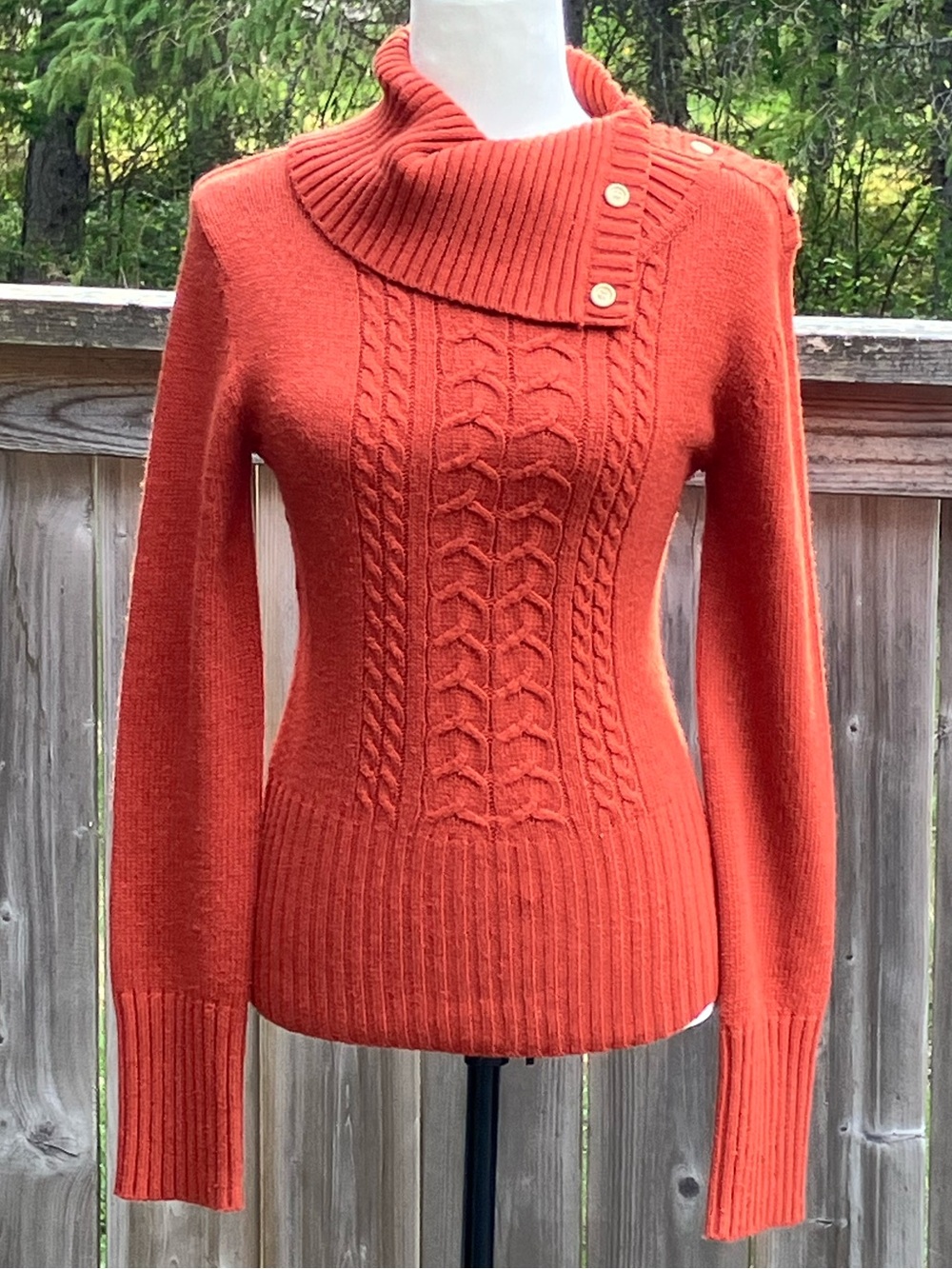 Orange Cable Knit Asymmetric Button Collar Sweater
